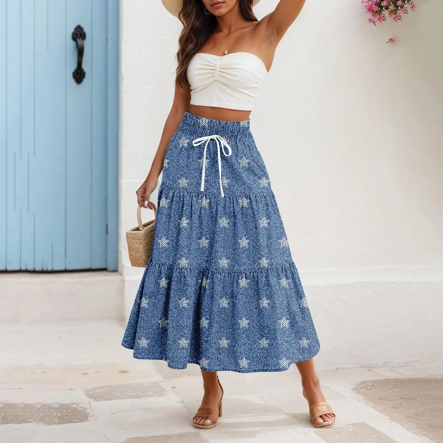 Summer Skirts for Women Midi Length Aline Ruffle Skirt Drawstring High Waisted Long Denim Skirts Casual Beach Outfits