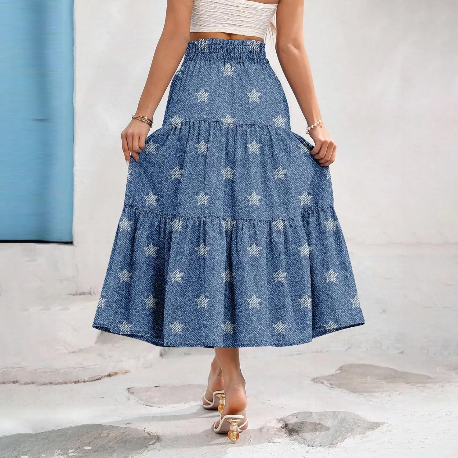 Summer Skirts for Women Midi Length Aline Ruffle Skirt Drawstring High Waisted Long Denim Skirts Casual Beach Outfits