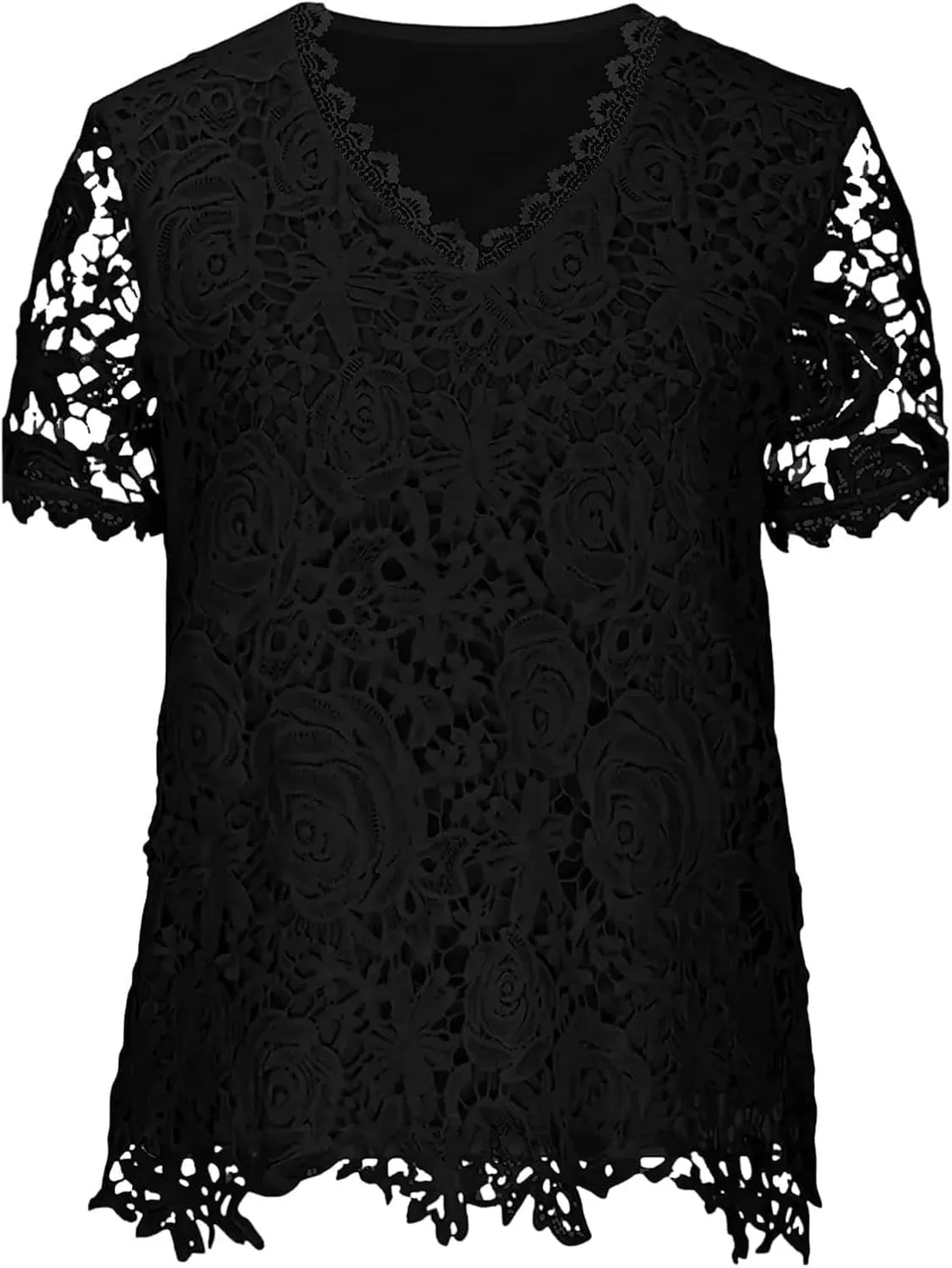 Summer Tops for Women 2025 Lace Crochet Embroidery Crewneck T Shirts Dressy Casual Short Sleeve Elegant Work Blouses