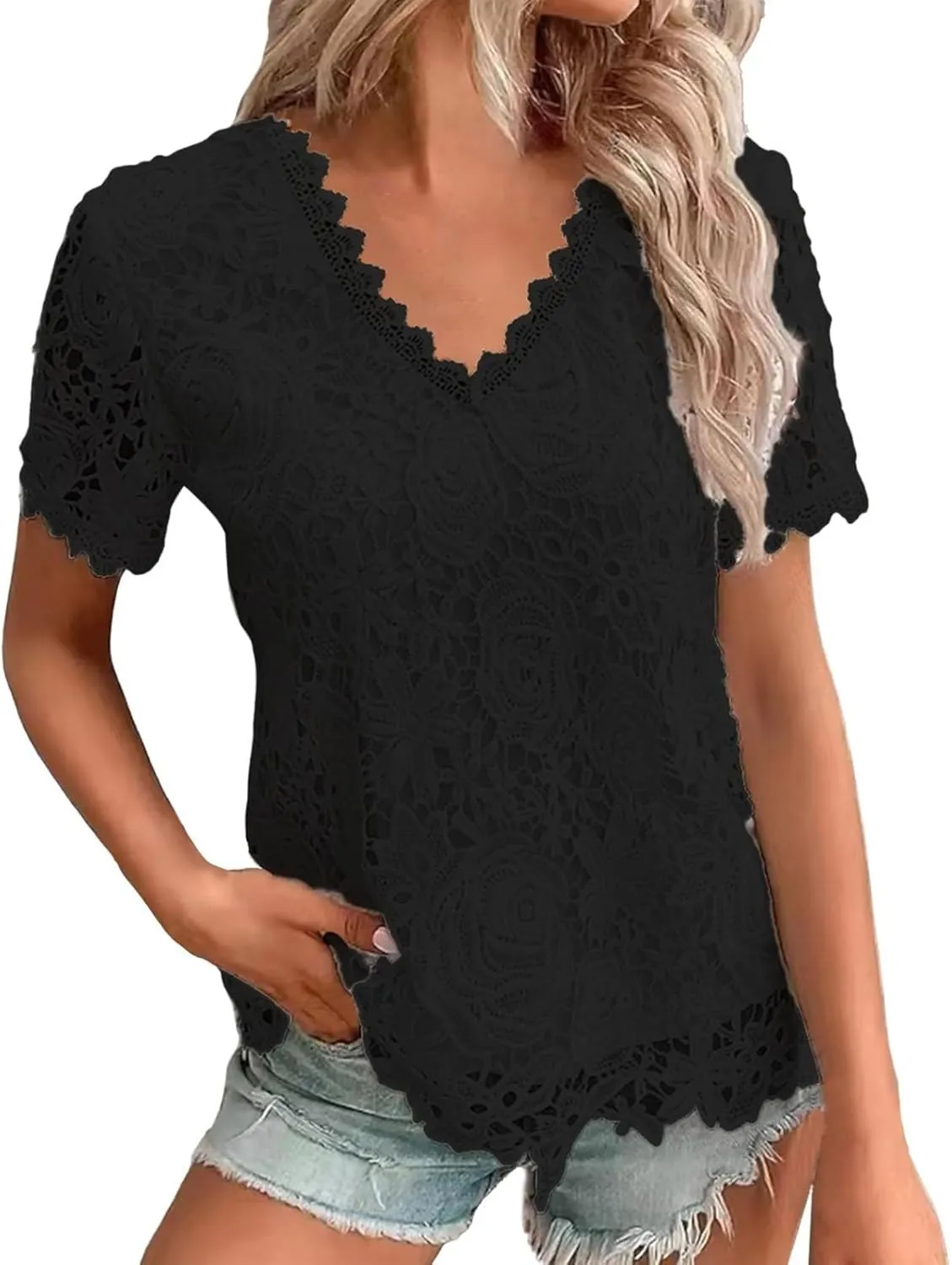Summer Tops for Women 2025 Lace Crochet Embroidery Crewneck T Shirts Dressy Casual Short Sleeve Elegant Work Blouses