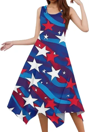 Sun Dresses for Women 2025 Vacation Summer Midi Sleeveless Irregular Hem Dress U-Neck Dresses A Line with Pockets