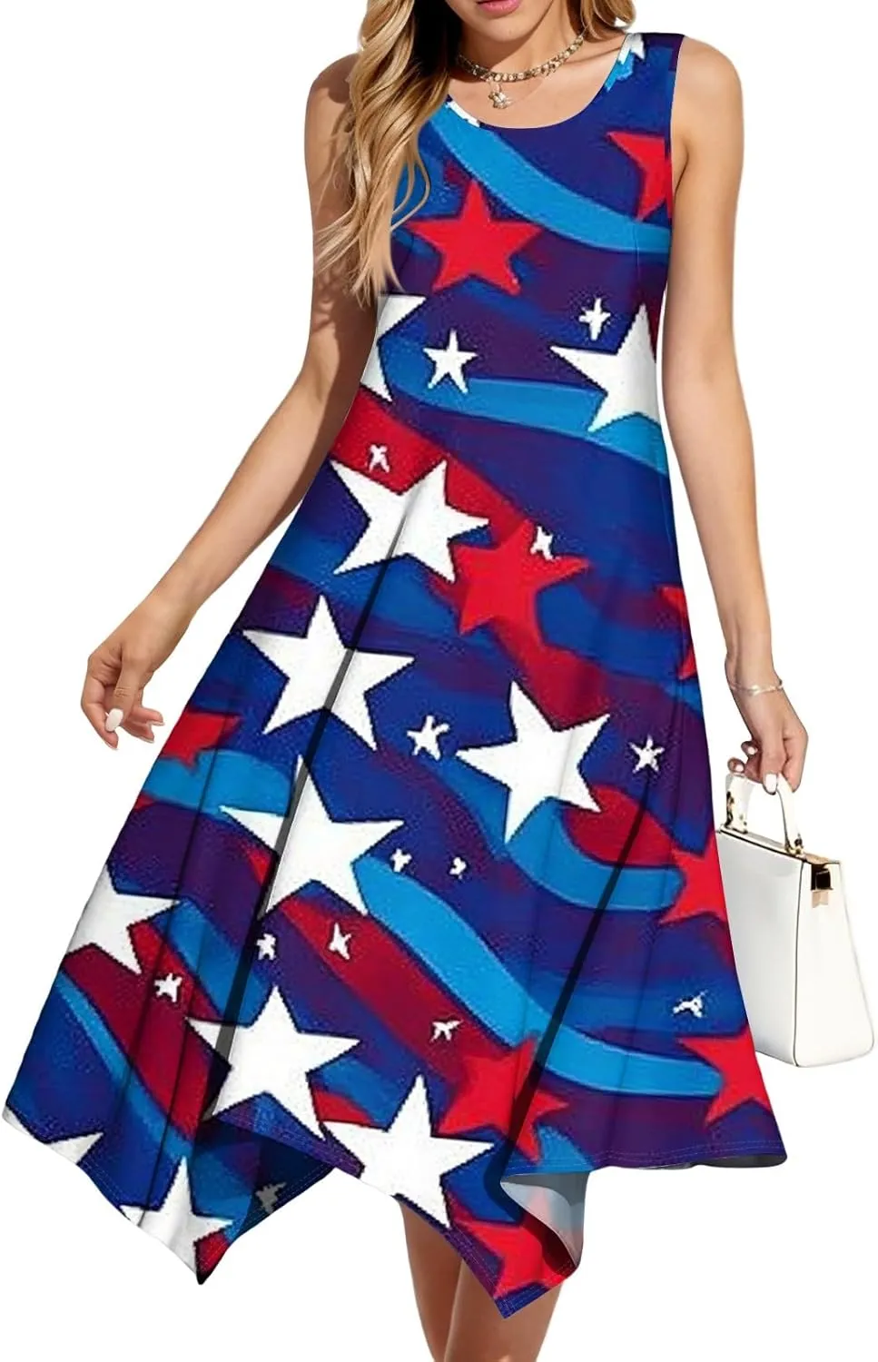 Sun Dresses for Women 2025 Vacation Summer Midi Sleeveless Irregular Hem Dress U-Neck Dresses A Line with Pockets