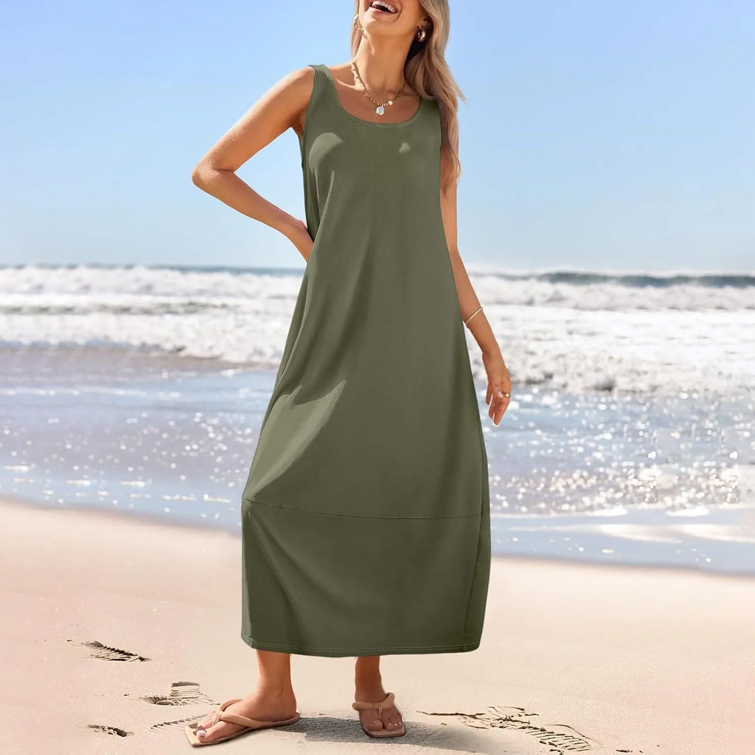 Sundresses for Women 2025 Casual Summer Beach Maxi Dress Scoop Neck Sleeveless Flowy Tank Dress Vacation Outfits