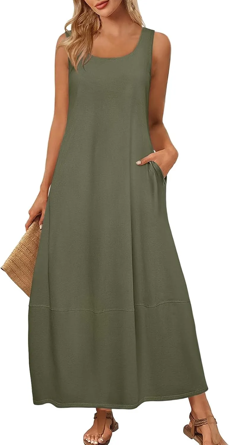 Sundresses for Women 2025 Casual Summer Beach Maxi Dress Scoop Neck Sleeveless Flowy Tank Dress Vacation Outfits