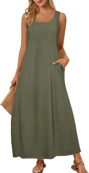 Sundresses for Women 2025 Casual Summer Beach Maxi Dress Scoop Neck Sleeveless Flowy Tank Dress Vacation Outfits