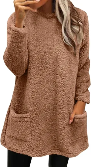 Sweatshirts for Women Fuzzy Fleece hoodie Crew Neck Long Sleeve Sherpa Pullover Tops Warm Soft Winter Fall Blouse