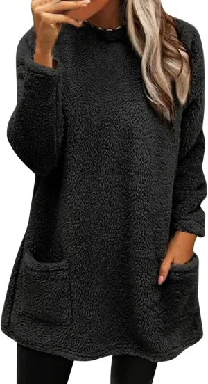 Sweatshirts for Women Fuzzy Fleece hoodie Crew Neck Long Sleeve Sherpa Pullover Tops Warm Soft Winter Fall Blouse