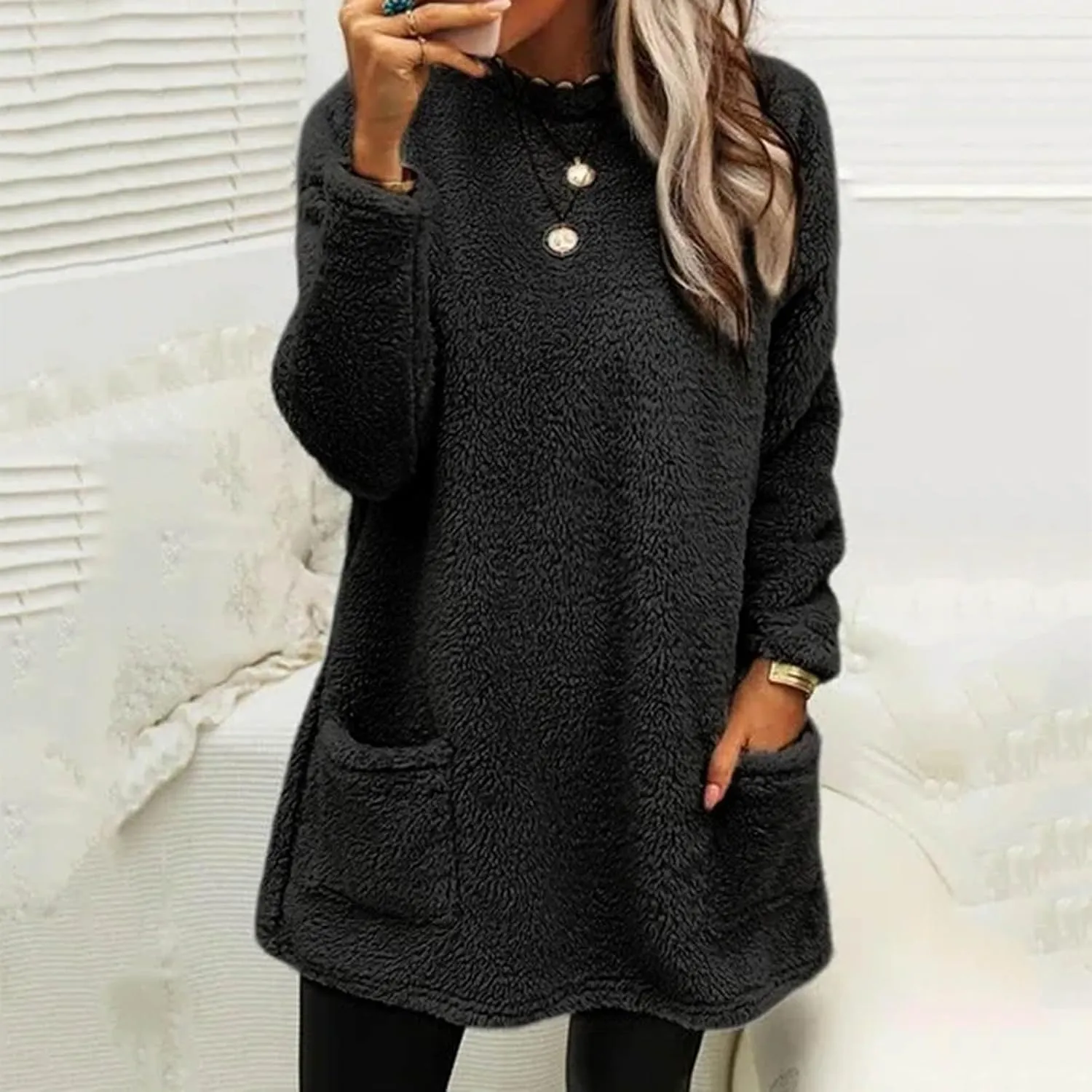 Sweatshirts for Women Fuzzy Fleece hoodie Crew Neck Long Sleeve Sherpa Pullover Tops Warm Soft Winter Fall Blouse