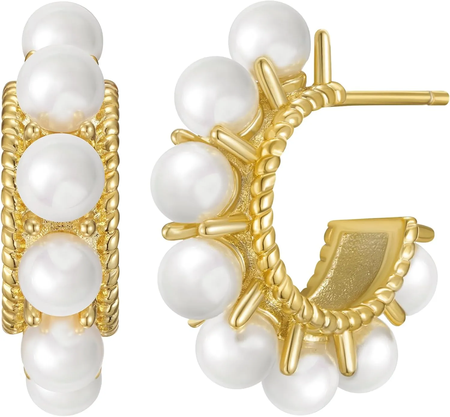 SWEETV 18K Gold Plated Pearl Hoop Earrings for Women, Small Pearl Huggie Hoops with 925 Sterling Silver Post, Lightweight Open Circle Round Pearl Earrings Jewelry Gift for Women