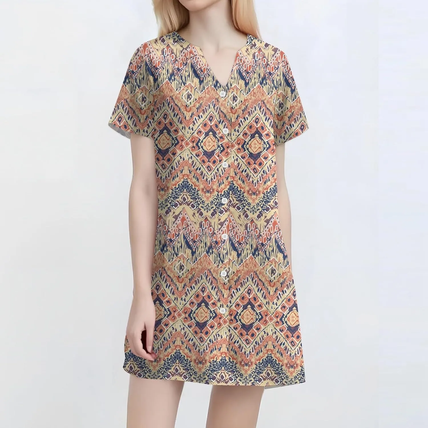 T Shirt Dress for Women Short Sleeve Button Down Pullover V Neck Floral Printed Shirt Summer Beach Vacation Mini Sundresses