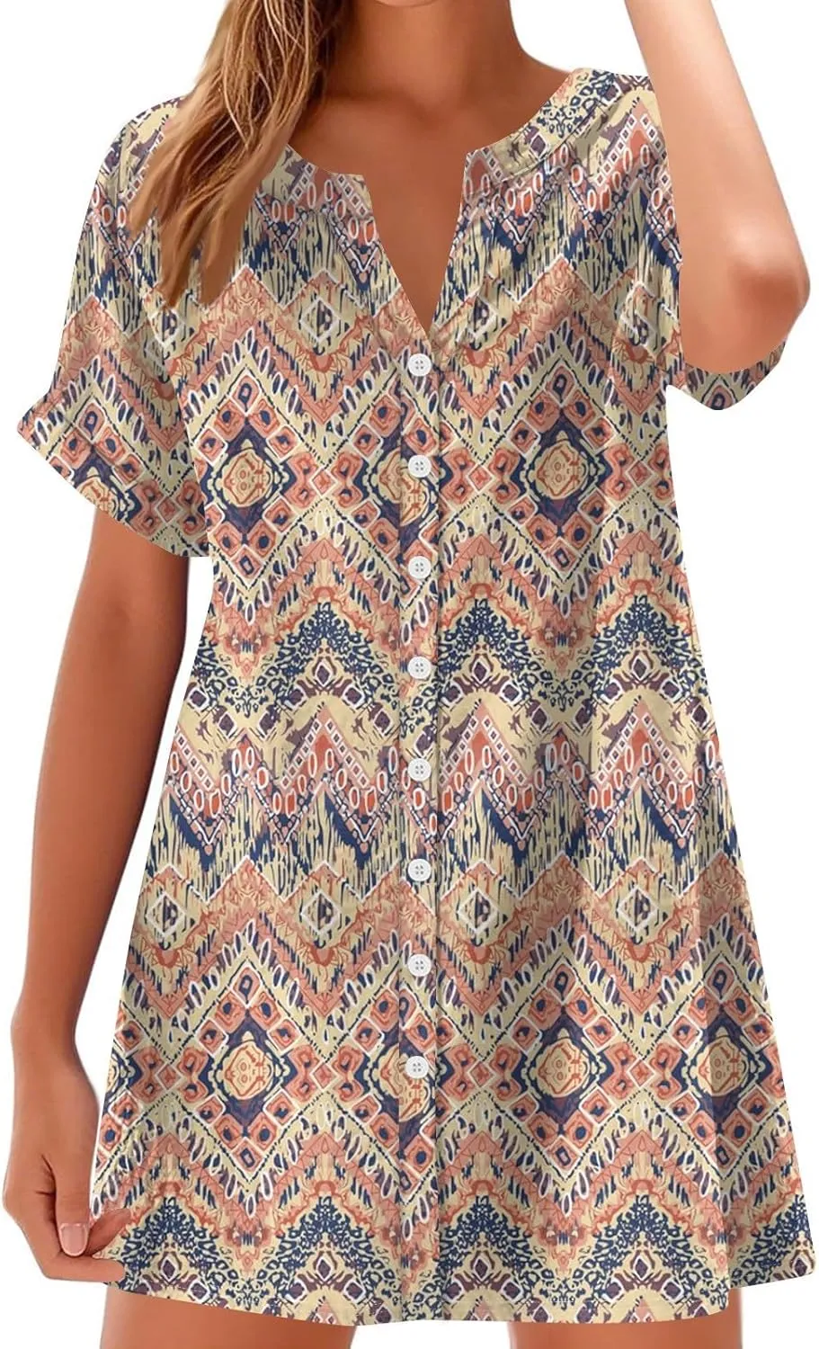 T Shirt Dress for Women Short Sleeve Button Down Pullover V Neck Floral Printed Shirt Summer Beach Vacation Mini Sundresses