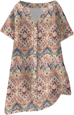 T Shirt Dress for Women Short Sleeve Button Down Pullover V Neck Floral Printed Shirt Summer Beach Vacation Mini Sundresses
