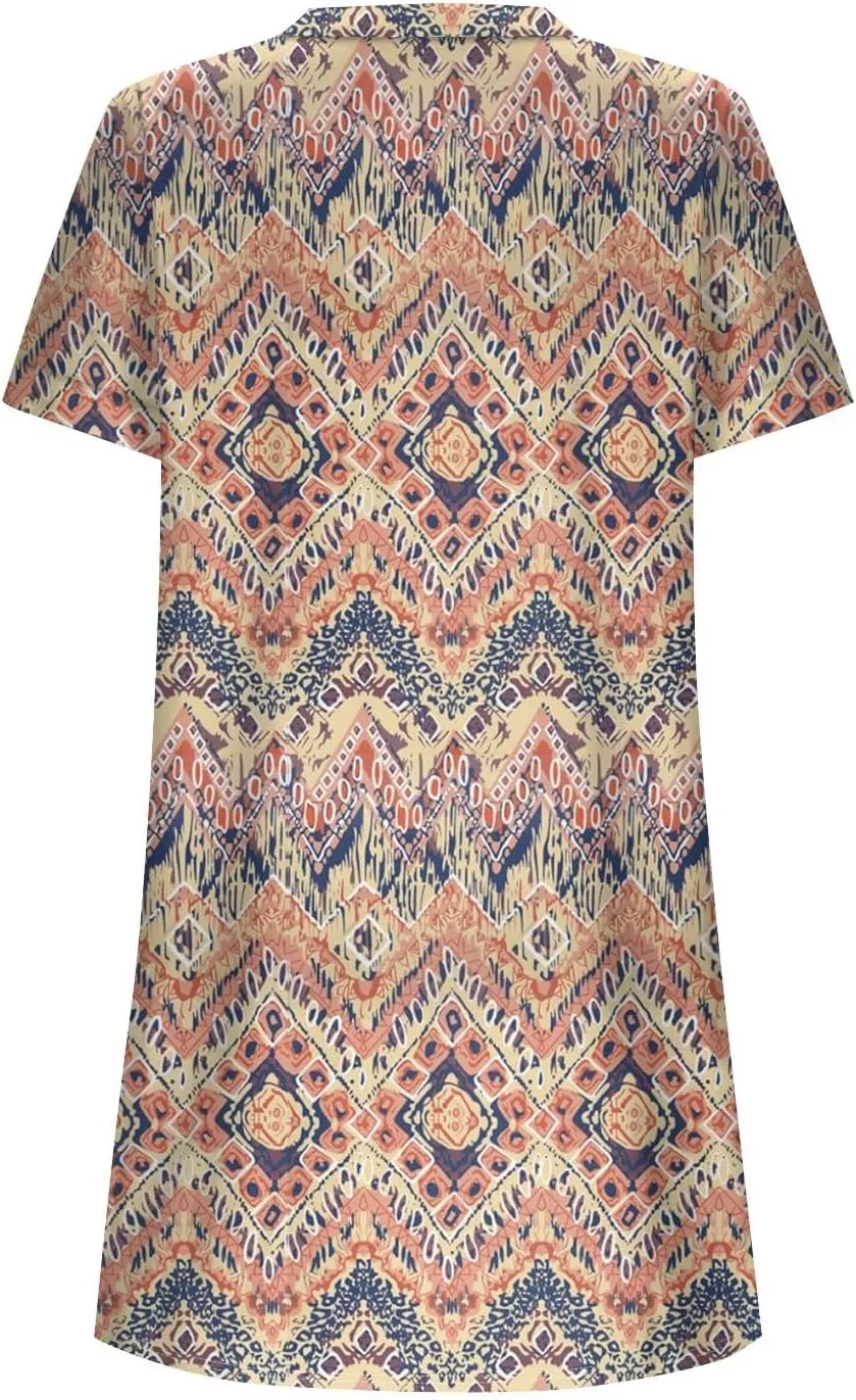 T Shirt Dress for Women Short Sleeve Button Down Pullover V Neck Floral Printed Shirt Summer Beach Vacation Mini Sundresses