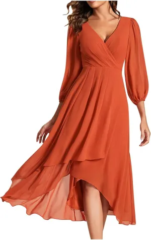 TANGNADE Women's Fall Dresses 2024 3/4 Sleeve V Neck Wrap A-Line Flowy Maxi Dress Flowy Pleated Wedding Guest Dress
