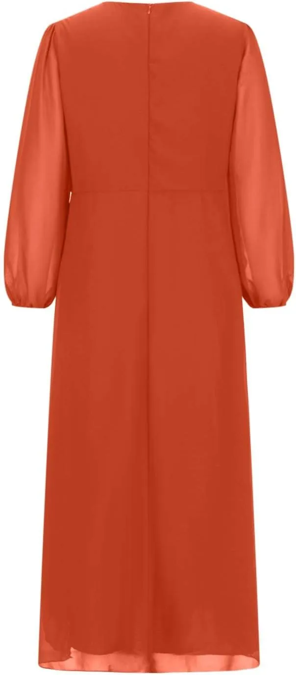 TANGNADE Women's Fall Dresses 2024 3/4 Sleeve V Neck Wrap A-Line Flowy Maxi Dress Flowy Pleated Wedding Guest Dress