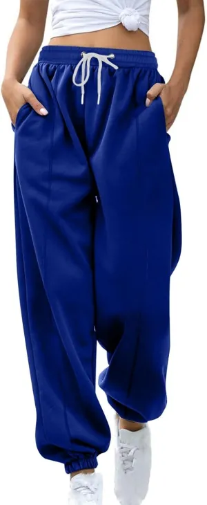 Tapered Sweatpant for Women Solid Color Casual Basic Drawstring Trousers Elastic High Waist Loose Pants with Pockets