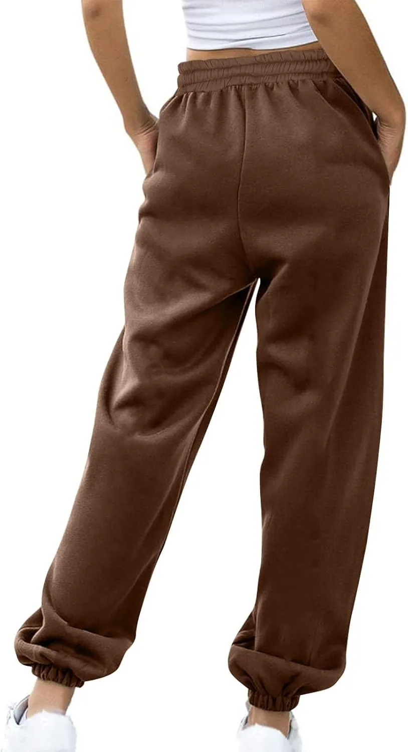 Tapered Sweatpant for Women Solid Color Casual Basic Drawstring Trousers Elastic High Waist Loose Pants with Pockets