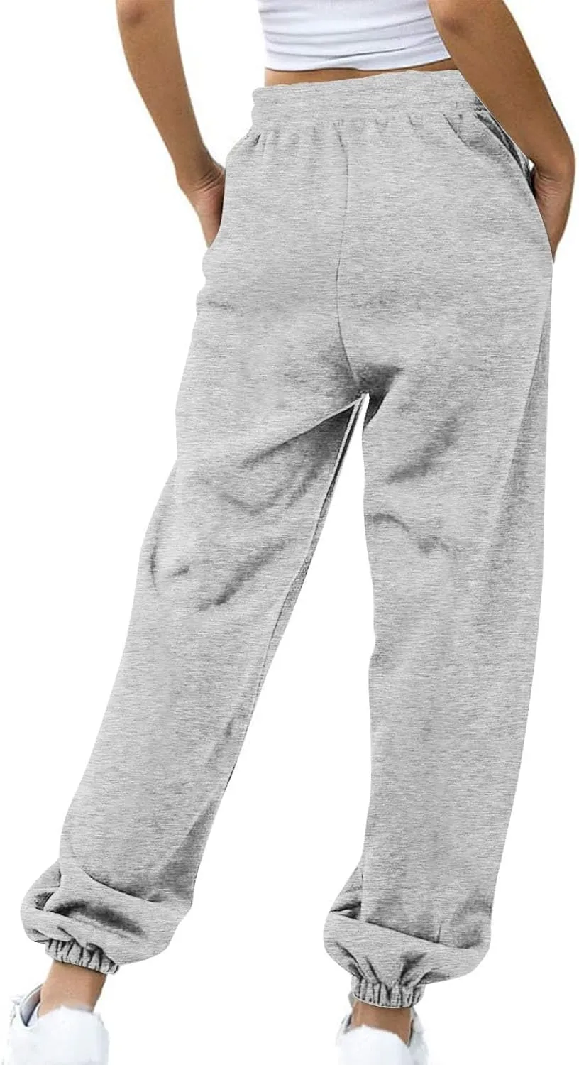 Tapered Sweatpant for Women Solid Color Casual Basic Drawstring Trousers Elastic High Waist Loose Pants with Pockets