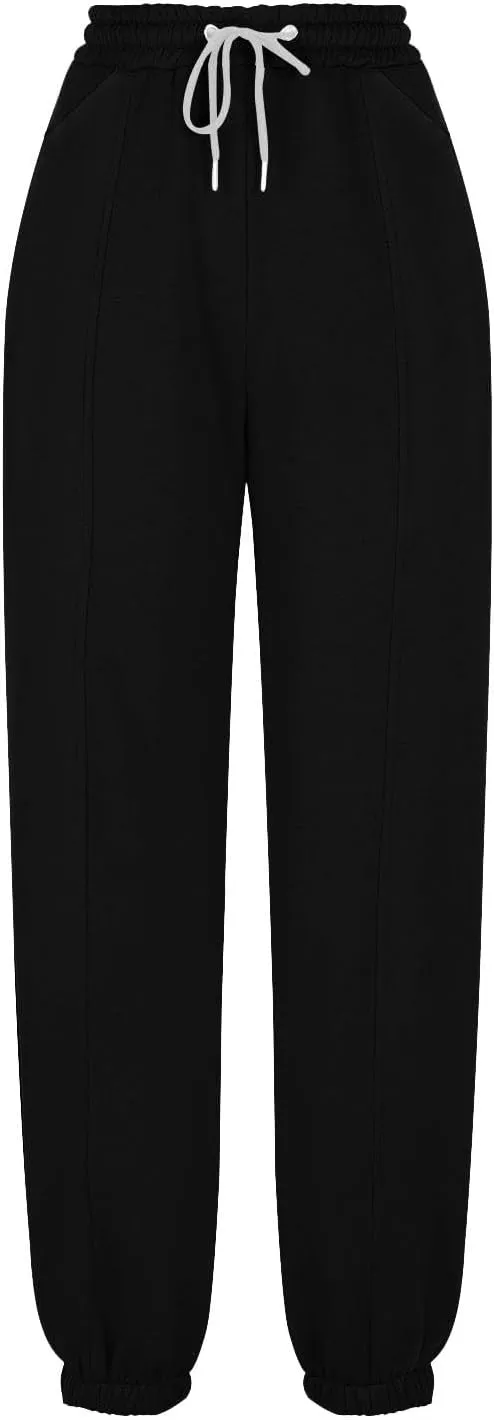 Tapered Sweatpant for Women Solid Color Casual Basic Drawstring Trousers Elastic High Waist Loose Pants with Pockets