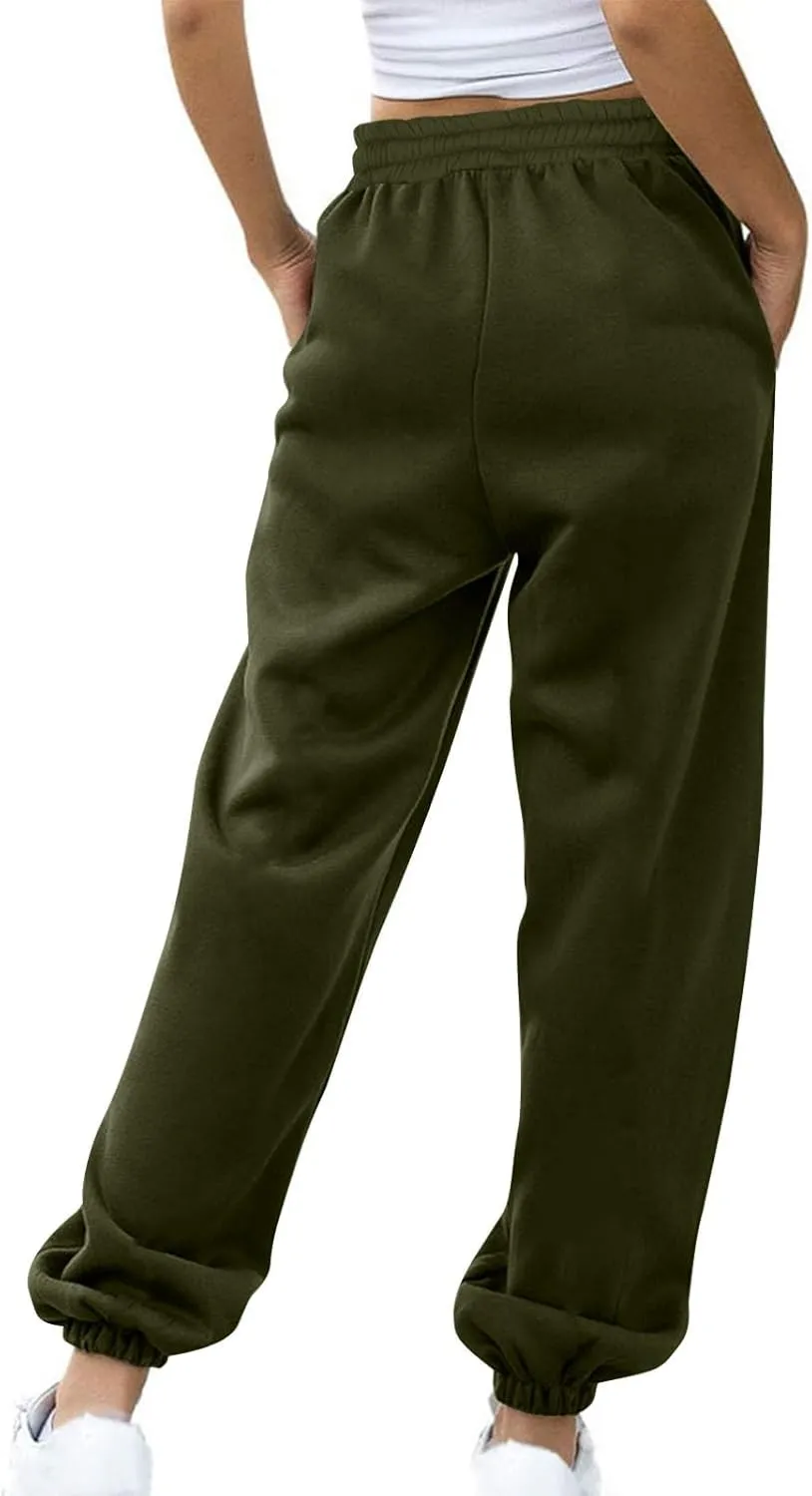 Tapered Sweatpant for Women Solid Color Casual Basic Drawstring Trousers Elastic High Waist Loose Pants with Pockets
