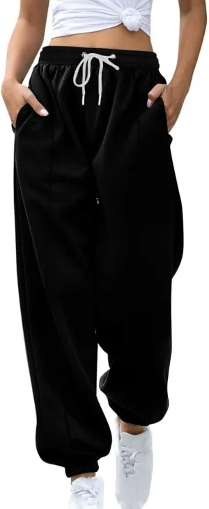 Tapered Sweatpant for Women Solid Color Casual Basic Drawstring Trousers Elastic High Waist Loose Pants with Pockets