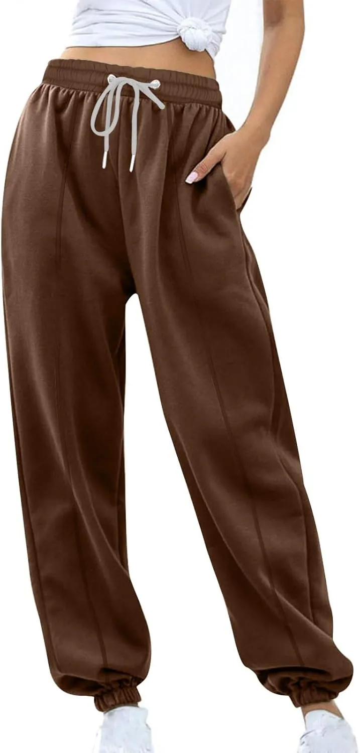 Tapered Sweatpant for Women Solid Color Casual Basic Drawstring Trousers Elastic High Waist Loose Pants with Pockets
