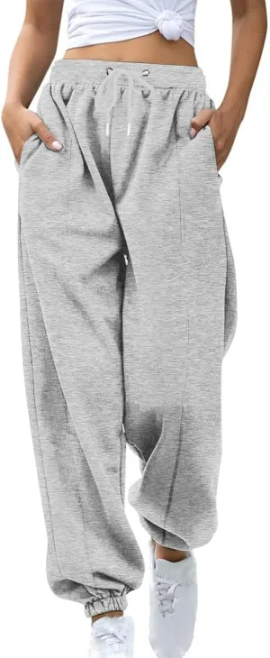 Tapered Sweatpant for Women Solid Color Casual Basic Drawstring Trousers Elastic High Waist Loose Pants with Pockets