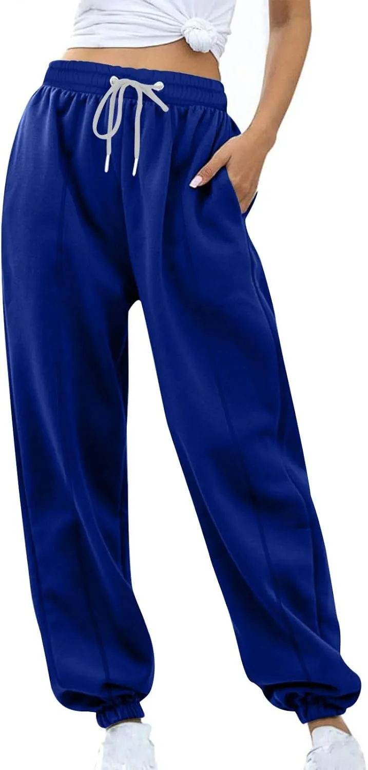 Tapered Sweatpant for Women Solid Color Casual Basic Drawstring Trousers Elastic High Waist Loose Pants with Pockets