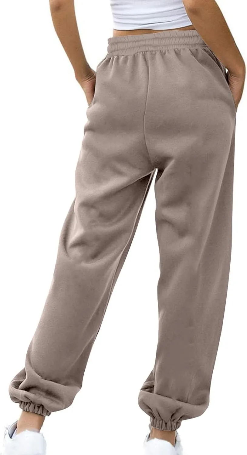 Tapered Sweatpant for Women Solid Color Casual Basic Drawstring Trousers Elastic High Waist Loose Pants with Pockets