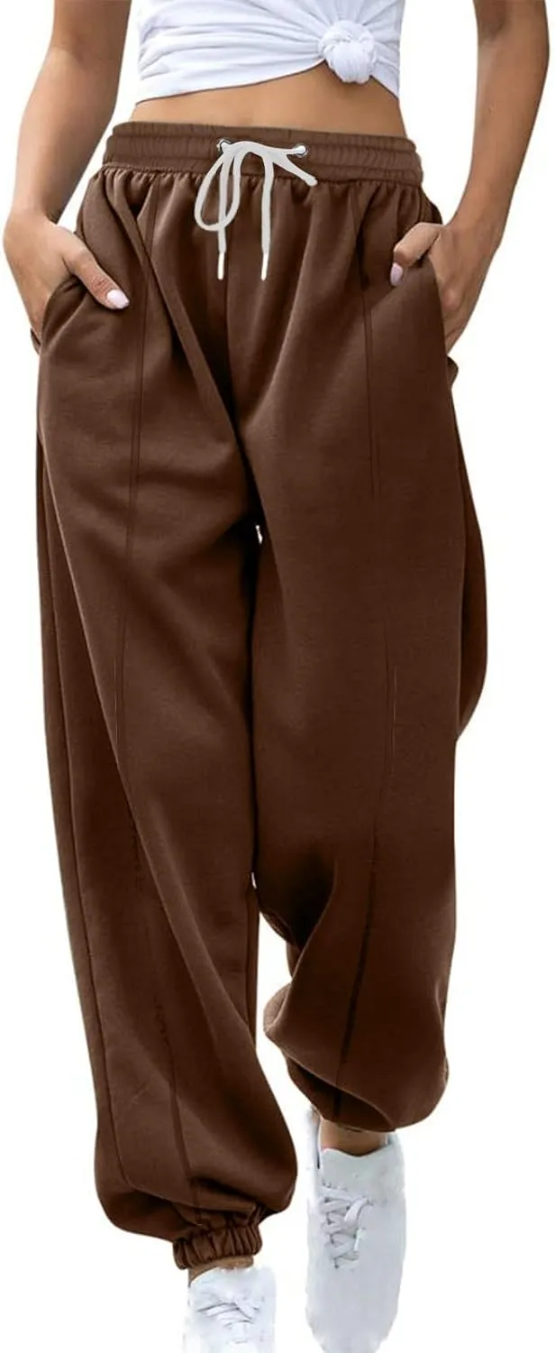 Tapered Sweatpant for Women Solid Color Casual Basic Drawstring Trousers Elastic High Waist Loose Pants with Pockets