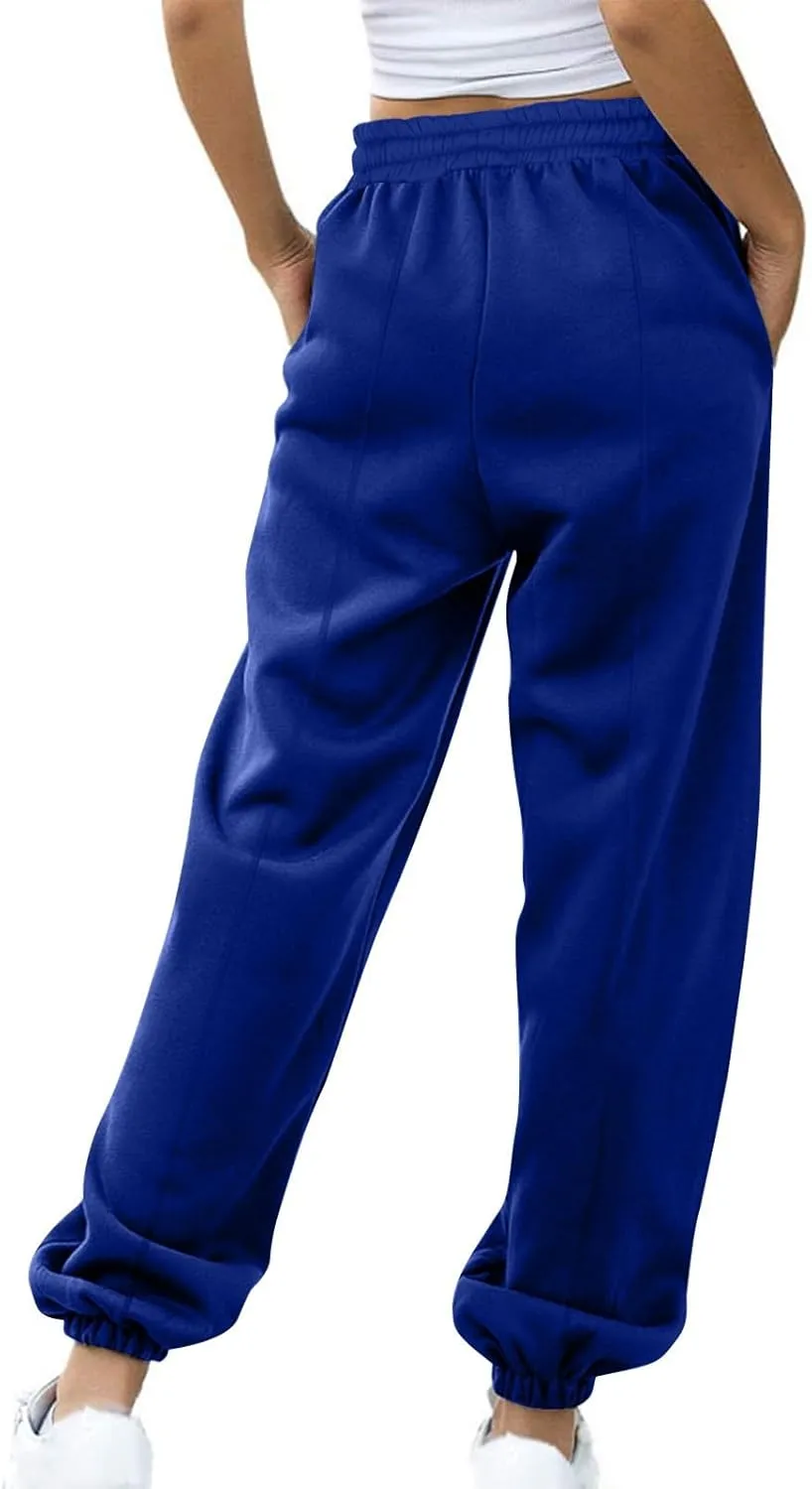 Tapered Sweatpant for Women Solid Color Casual Basic Drawstring Trousers Elastic High Waist Loose Pants with Pockets