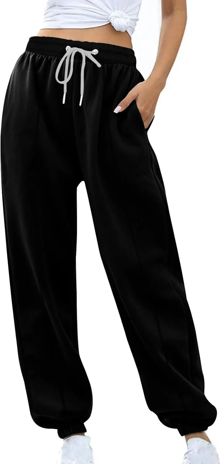 Tapered Sweatpant for Women Solid Color Casual Basic Drawstring Trousers Elastic High Waist Loose Pants with Pockets