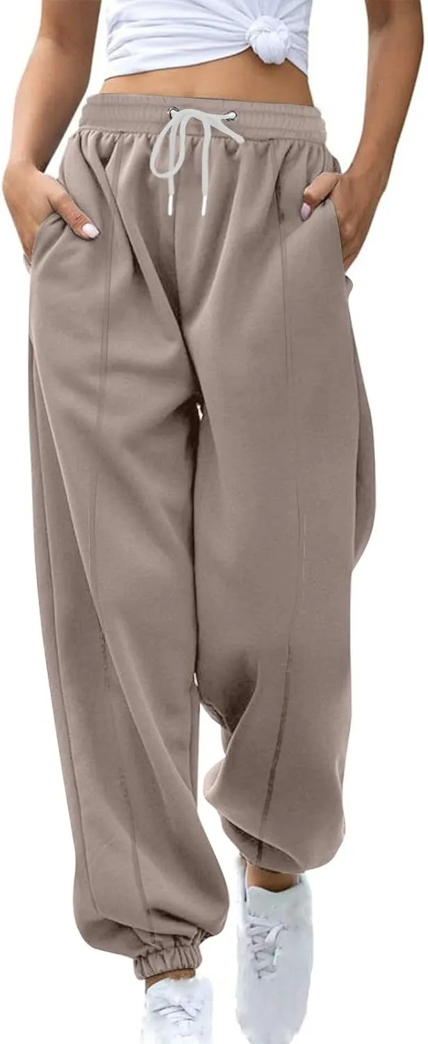Tapered Sweatpant for Women Solid Color Casual Basic Drawstring Trousers Elastic High Waist Loose Pants with Pockets