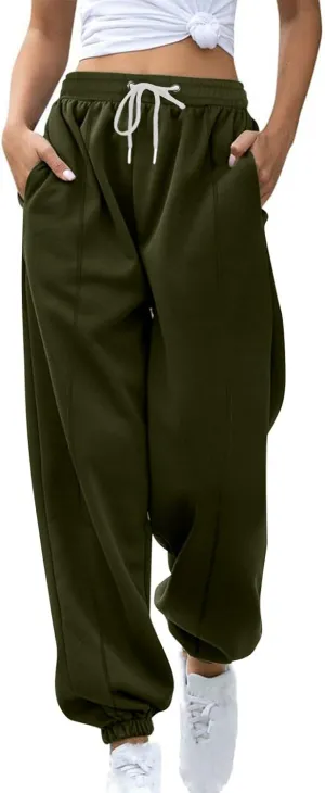 Tapered Sweatpant for Women Solid Color Casual Basic Drawstring Trousers Elastic High Waist Loose Pants with Pockets