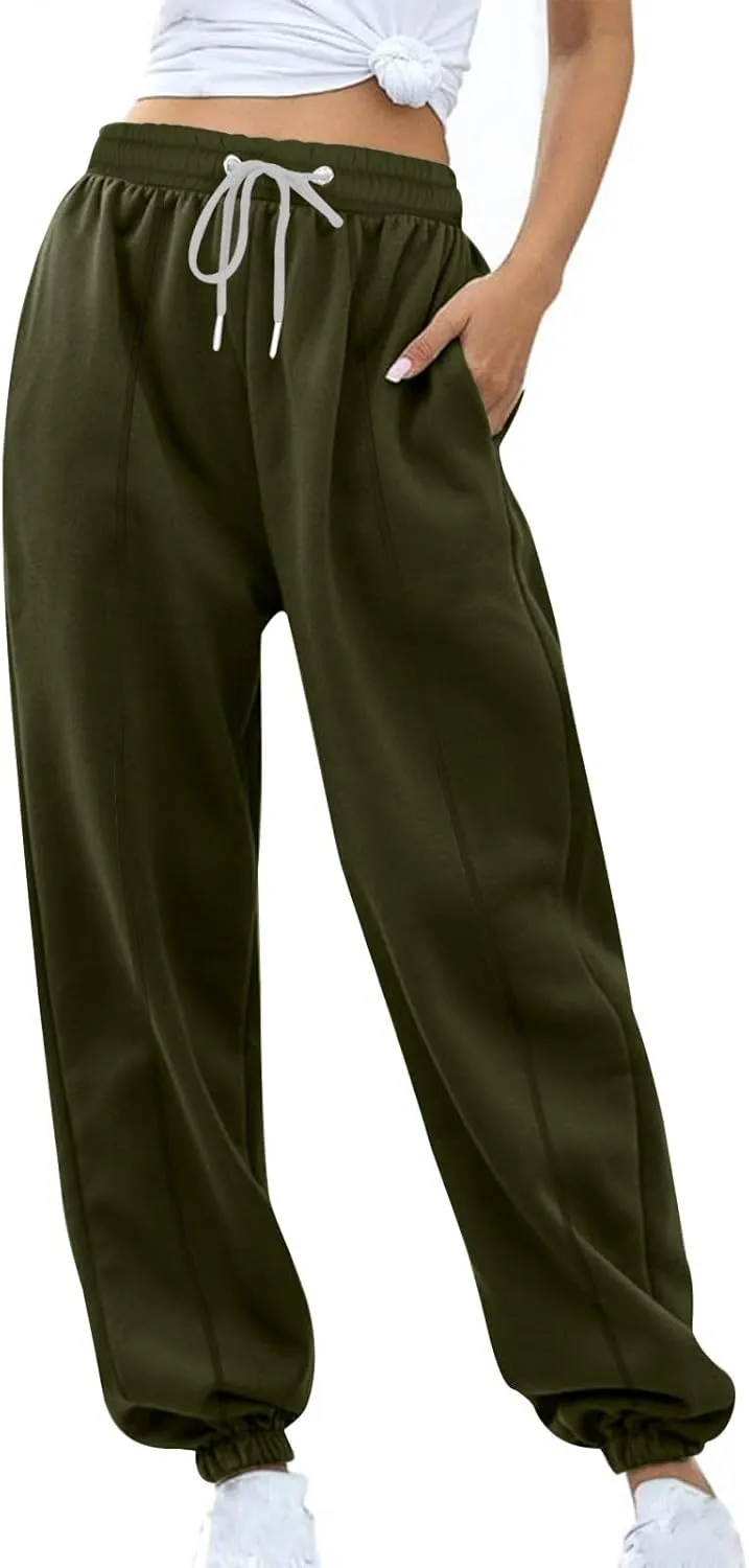 Tapered Sweatpant for Women Solid Color Casual Basic Drawstring Trousers Elastic High Waist Loose Pants with Pockets