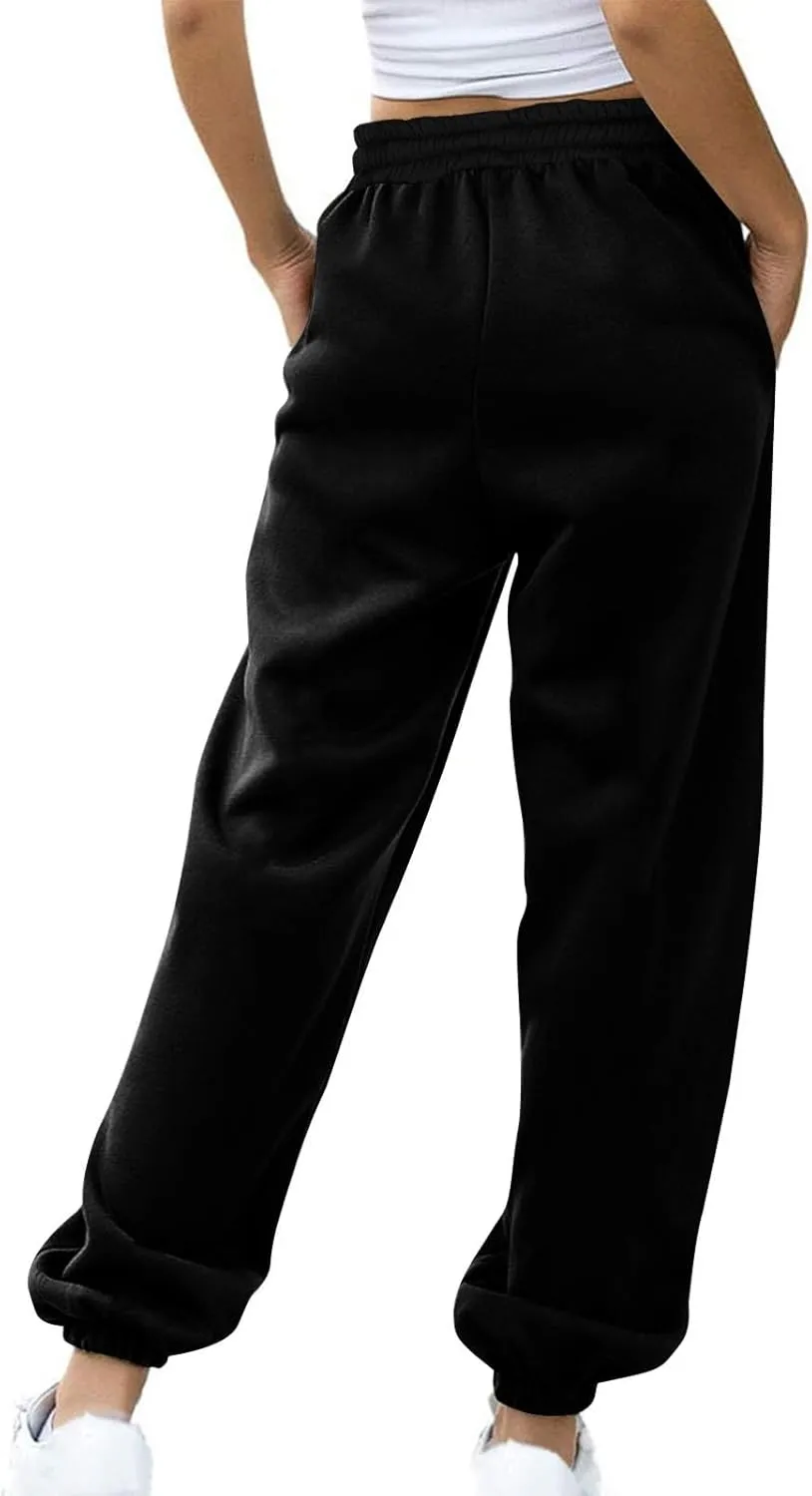 Tapered Sweatpant for Women Solid Color Casual Basic Drawstring Trousers Elastic High Waist Loose Pants with Pockets