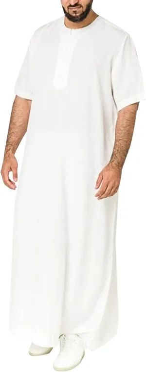 Thatrich Mens Arabic Thobe Short Sleeve Muslin Shirt Full Length Nightgown Lightweight Henley Shirts Casual Robe Spring Wear
