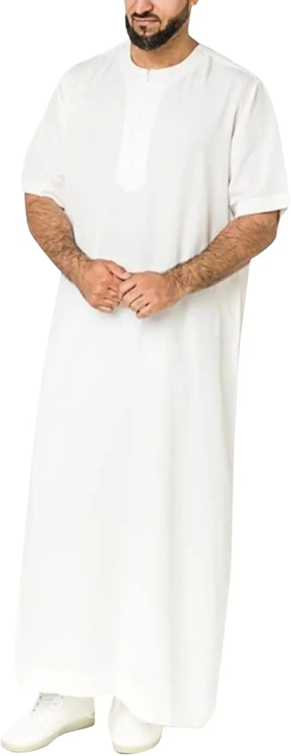 Thatrich Mens Arabic Thobe Short Sleeve Muslin Shirt Full Length Nightgown Lightweight Henley Shirts Casual Robe Spring Wear