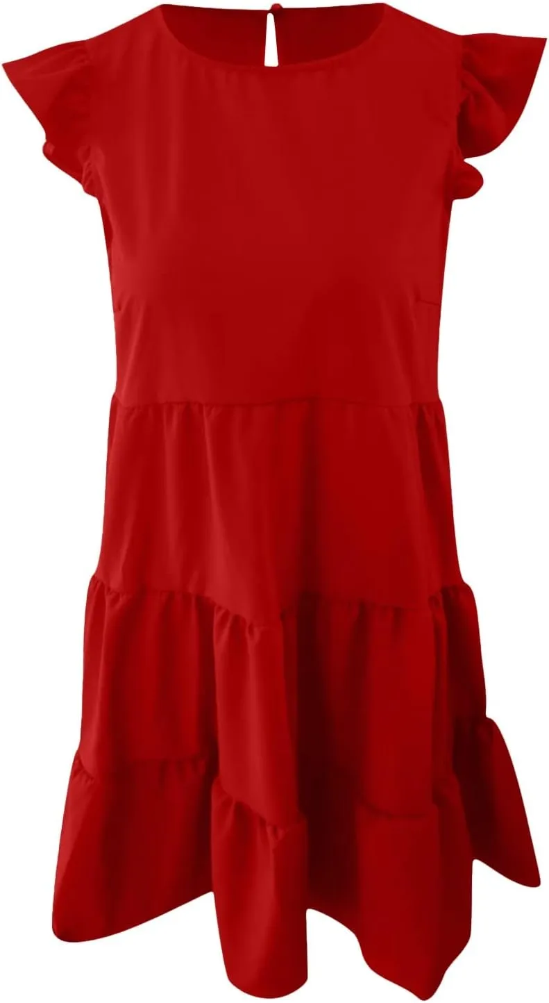 Tiered Dresses for Women Summer Trendy Ruffle Sleeve Mini Dress Casual Loose Flowy Swing Vacation Dresses