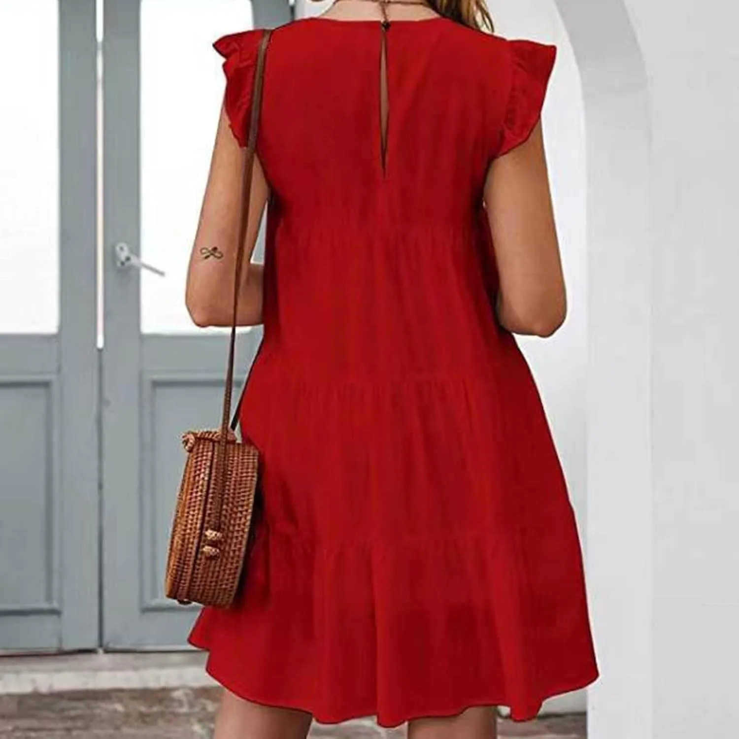 Tiered Dresses for Women Summer Trendy Ruffle Sleeve Mini Dress Casual Loose Flowy Swing Vacation Dresses