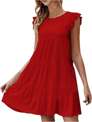 Tiered Dresses for Women Summer Trendy Ruffle Sleeve Mini Dress Casual Loose Flowy Swing Vacation Dresses