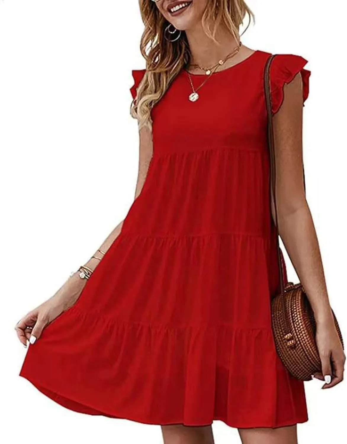 Tiered Dresses for Women Summer Trendy Ruffle Sleeve Mini Dress Casual Loose Flowy Swing Vacation Dresses