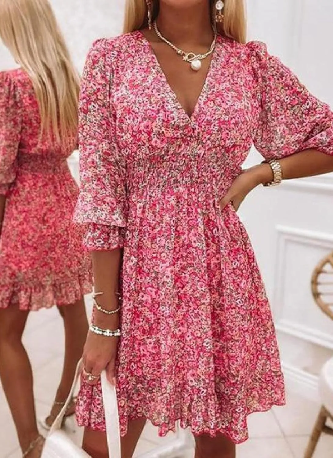 Tiny Floral Cute Summer Dress for Women V Neck Short Ruffle Sleeve Shirred Sundress Casual Beach Mini Dresses