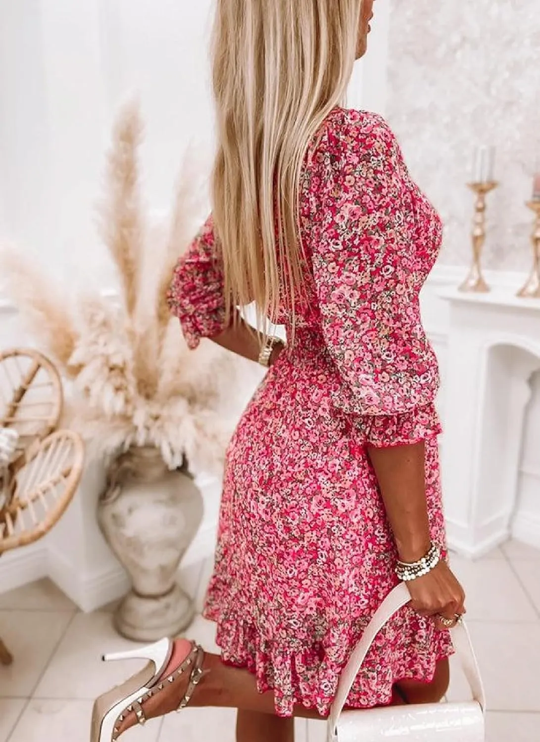 Tiny Floral Cute Summer Dress for Women V Neck Short Ruffle Sleeve Shirred Sundress Casual Beach Mini Dresses