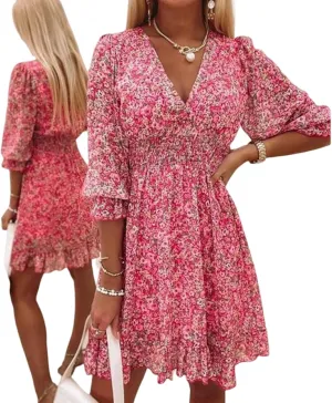 Tiny Floral Cute Summer Dress for Women V Neck Short Ruffle Sleeve Shirred Sundress Casual Beach Mini Dresses