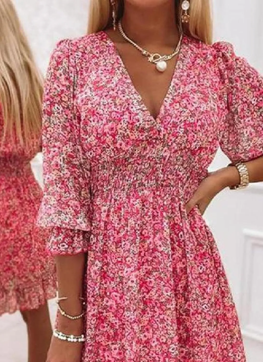 Tiny Floral Cute Summer Dress for Women V Neck Short Ruffle Sleeve Shirred Sundress Casual Beach Mini Dresses
