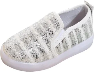 Toddler Light Up Shoes Kids Slip On Canvas Sneakers Walking Shoes Dress Glitter Sequins Shoes for Girls Loafers
