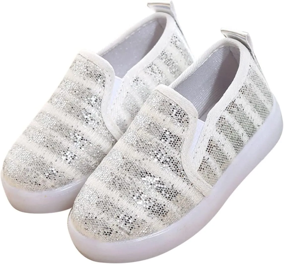 Toddler Light Up Shoes Kids Slip On Canvas Sneakers Walking Shoes Dress Glitter Sequins Shoes for Girls Loafers