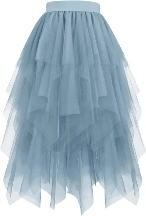 Tulle Skirts for Women Midi Mesh Dance Skirts Elastic Waist Flowy Ballet Skirts Mesh Layered A Line Fairy Skirt