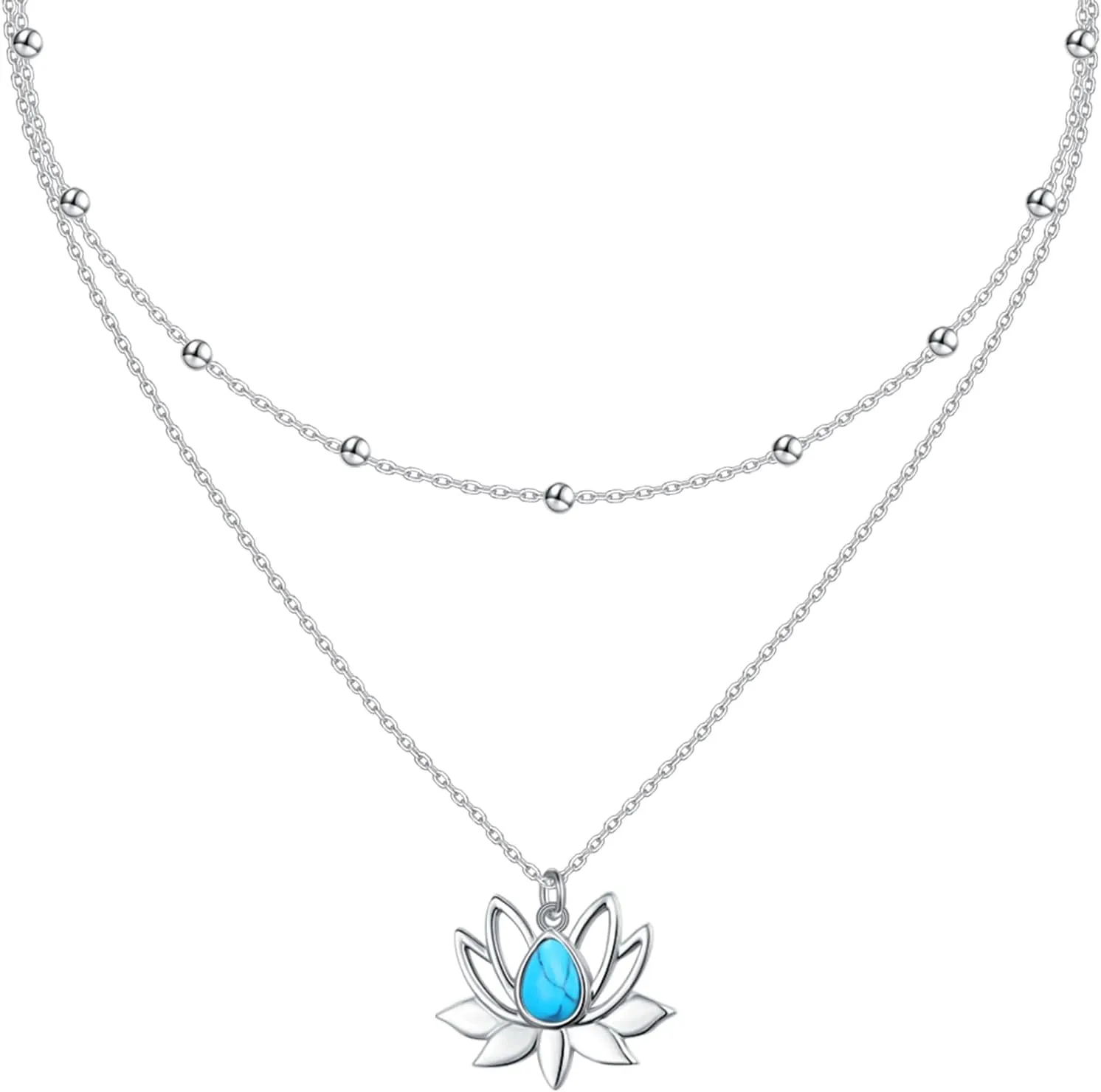 Turquoise Lotus Layered Necklaces for Women 925 Sterling Silver Lotus Flower Choker Adjustable Pendant Necklaces Birthday Jewelry for Women